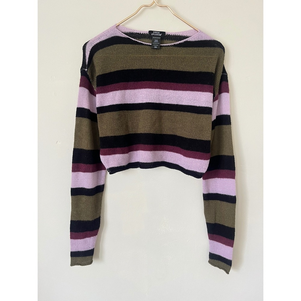 Social Collision Striped Cropped Sweater Retro Cottagecore Chunky Knit S/M